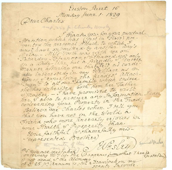 Letter: To Charles Wesley Jr. (1757-1834) from Samuel Wesley (1766-1837), June 1, 1829