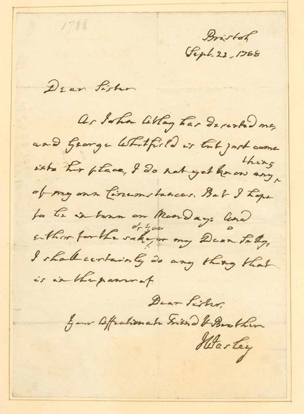 Letter: To Mrs. Charles Wesley from John Wesley, September 22, 1788