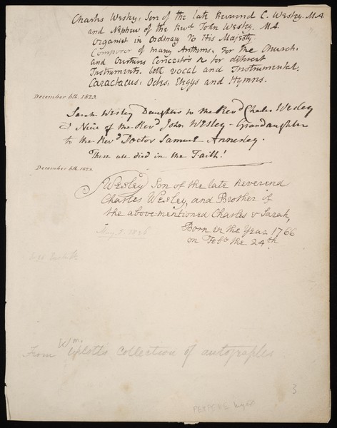 1823 Dec. 26, Autograph page--handwritings of Charles Wesley, Jr., Sarah (Sally) Wesley, and Samuel Wesley