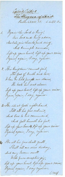 Hymn: Rejoice, the Lord is King (Captivity Captive) from Charles Wesley (1707-1788) (handwritten copy)